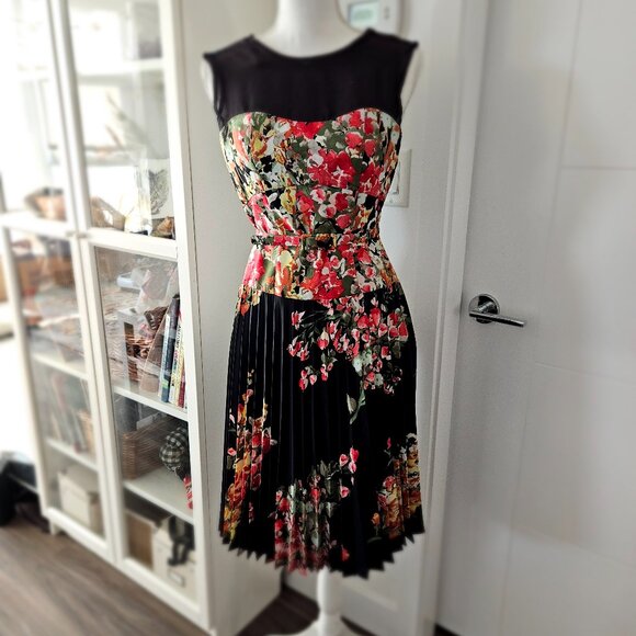 Tristan Floral Pleated Dress - Navy & Multi Colour - Picture 1 of 4